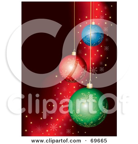 Royalty-Free (RF) Clipart Illustration of a Flowing Red Snowflake Background With Colorful Christmas Ornaments by MilsiArt