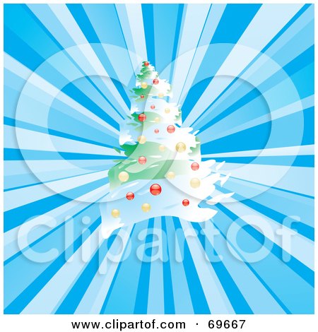Royalty-Free (RF) Clipart Illustration of a Christmas Tree On A Blue Burst Background by MilsiArt