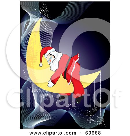 Royalty-Free (RF) Clipart Illustration of an Exhausted Santa Sleeping On A Crescent Moon, Over A Blue Background With Waves by MilsiArt