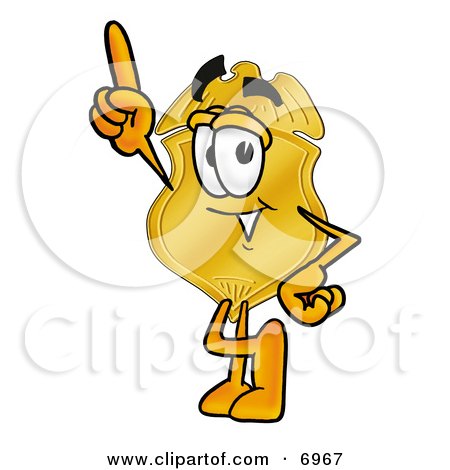 Clipart Picture of a Badge Mascot Cartoon Character Pointing Upwards by Mascot Junction