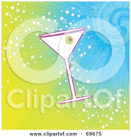Royalty-Free (RF) Clipart Illustration of a Martini Over A Bursting And Sparkling Blue And Yellow Background by MilsiArt