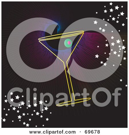 Royalty-Free (RF) Clipart Illustration of a Martini Over A Black Background With Light Rays And Stars by MilsiArt