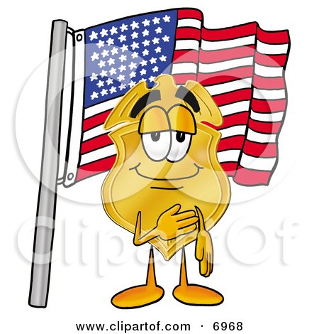 Clipart Picture of a Badge Mascot Cartoon Character Pledging Allegiance to an American Flag by Mascot Junction