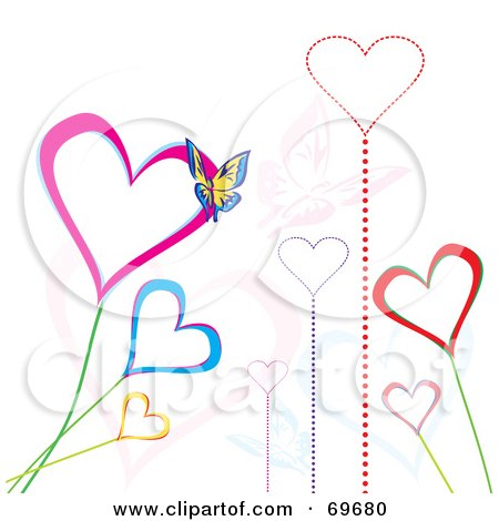 Royalty-Free (RF) Clipart Illustration of Growing Heart Flowers With A Butterfly On White by MilsiArt