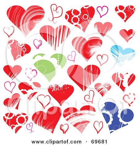 Royalty-Free (RF) Clipart Illustration of a Digital Collage Of Blue, Red And Green Heart Designs by MilsiArt