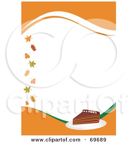 Royalty-Free (RF) Clipart Illustration of an Orange Thanksgiving Background With A Slice Of Pumpkin Pie And Leaves Around White Space by MilsiArt