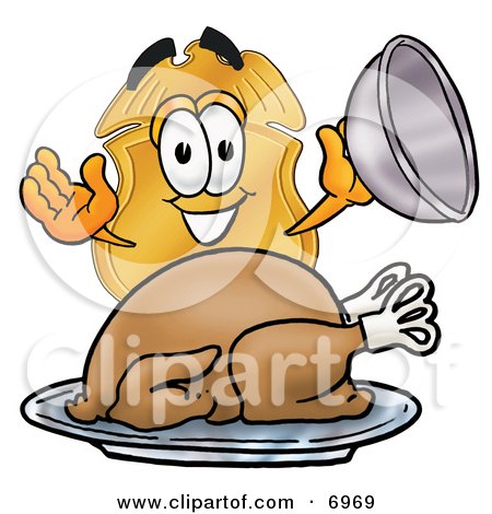Clipart Picture of a Badge Mascot Cartoon Character Serving a Thanksgiving Turkey on a Platter by Mascot Junction