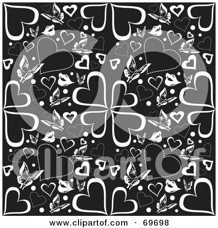 Royalty-Free (RF) Clipart Illustration of a Black Background With White Butterflies And Hearts by MilsiArt