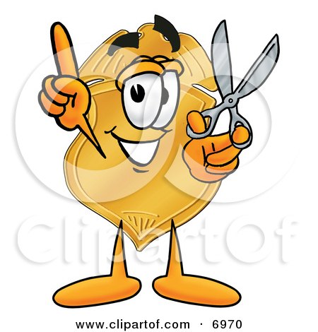 Clipart Picture of a Badge Mascot Cartoon Character Holding a Pair of Scissors by Mascot Junction