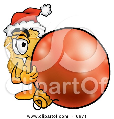 Clipart Picture of a Badge Mascot Cartoon Character Wearing a Santa Hat, Standing With a Christmas Bauble by Mascot Junction