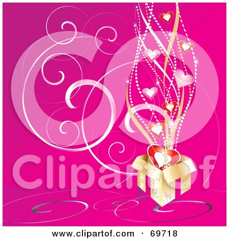 Royalty-Free (RF) Clipart Illustration of a Pink Background With A Gold Gift And Flowing Hearts by MilsiArt