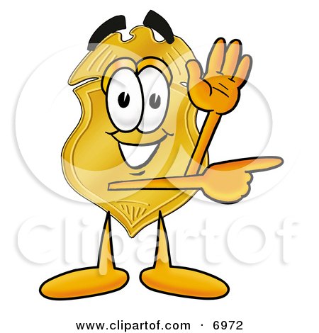 Clipart Picture of a Badge Mascot Cartoon Character Waving and Pointing by Mascot Junction