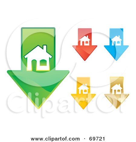 Royalty-Free (RF) Clipart Illustration of a Digital Collage Of Five Colorful Down Arrows With Home Icons by MilsiArt