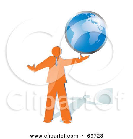 Royalty-Free (RF) Clipart Illustration of a Shiny Orange Businessman Holding A Blue Globe by MilsiArt