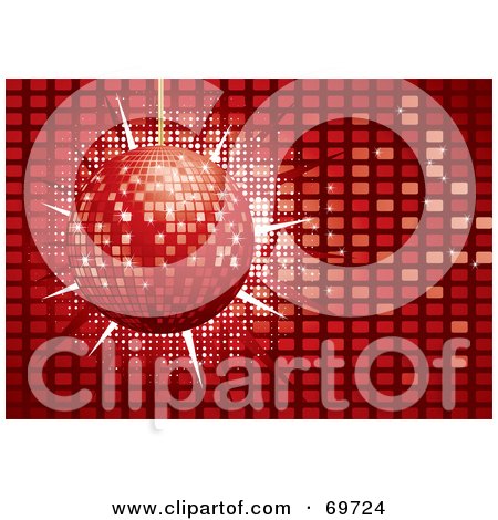 Royalty-Free (RF) Clipart Illustration of a Sparkly Red Disco Ball On A Tiled Background by MilsiArt