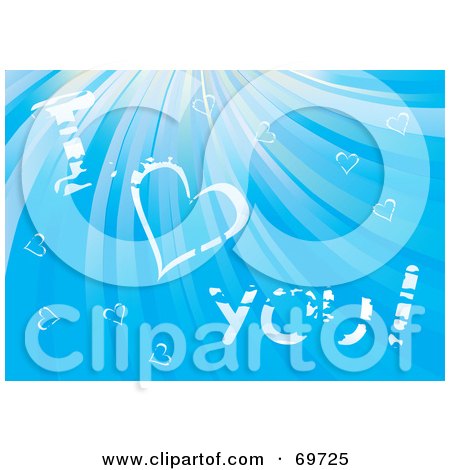 Royalty-Free (RF) Clipart Illustration of White I Love You Text And Hearts In A Shining Blue Sky by MilsiArt