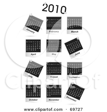 Royalty-Free (RF) Clipart Illustration of a Digital Collage Of Black And White 2010 Calendars On White by MilsiArt