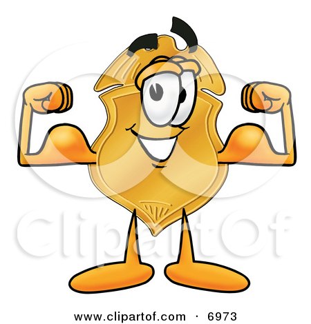 Clipart Picture of a Badge Mascot Cartoon Character Flexing His Arm Muscles by Mascot Junction