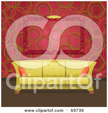 Royalty-Free (RF) Clipart Illustration of a Modern Pale Green Sofa In Front Of A Retro Circled Red Wall by MilsiArt