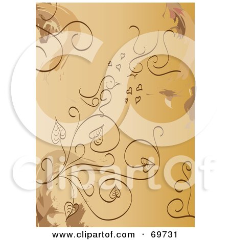 Royalty-Free (RF) Clipart Illustration of a Brown Background Of Plants And Love Birds by MilsiArt