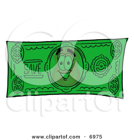 Clipart Picture of a Badge Mascot Cartoon Character on a Dollar Bill by Mascot Junction