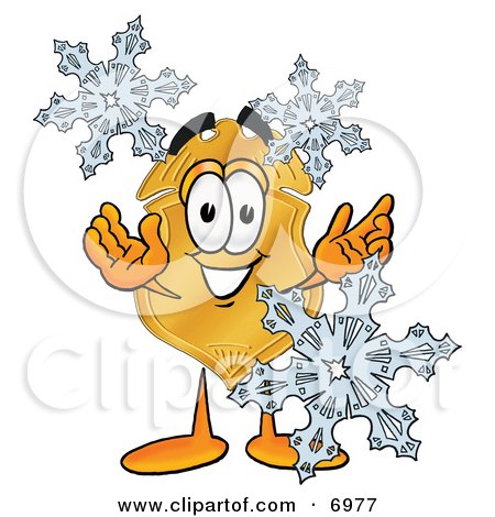 Clipart Picture of a Badge Mascot Cartoon Character With Three Snowflakes in Winter by Mascot Junction