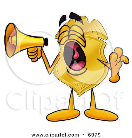 Clipart Picture of a Badge Mascot Cartoon Character Screaming Into a Megaphone by Mascot Junction