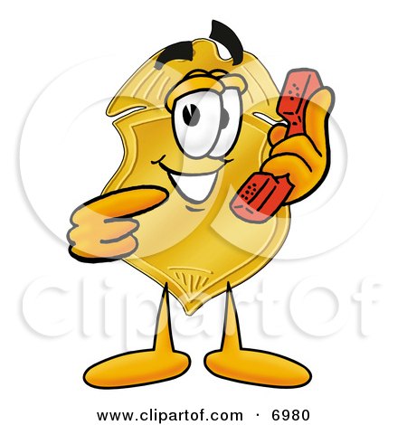 Clipart Picture of a Badge Mascot Cartoon Character Holding a Telephone by Mascot Junction