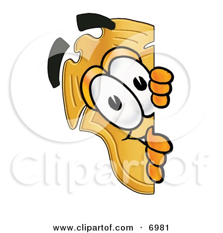 Clipart Picture of a Badge Mascot Cartoon Character Peeking Around a Corner by Mascot Junction
