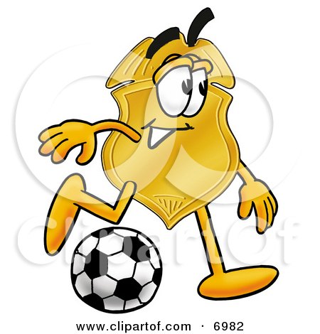 Clipart Picture of a Badge Mascot Cartoon Character Kicking a Soccer Ball by Mascot Junction