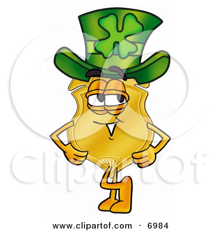Clipart Picture of a Badge Mascot Cartoon Character Wearing a Saint Patricks Day Hat With a Clover on it by Mascot Junction
