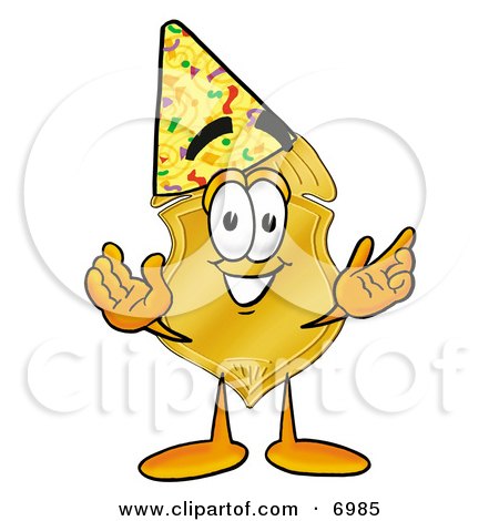 Clipart Picture of a Badge Mascot Cartoon Character Wearing a Birthday Party Hat by Mascot Junction