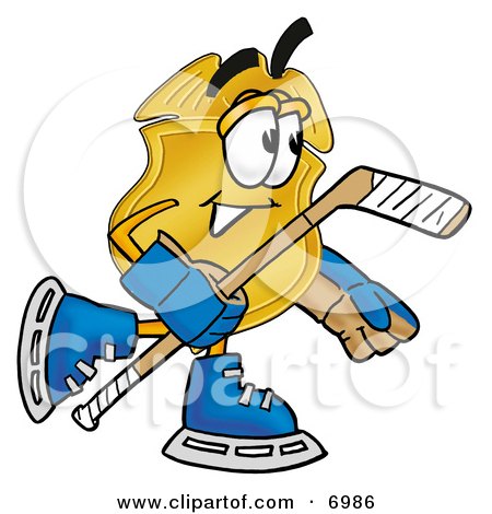 Clipart Picture of a Badge Mascot Cartoon Character Playing Ice Hockey by Mascot Junction
