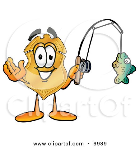 Clipart Picture of a Badge Mascot Cartoon Character Holding a Fish on a Fishing Pole by Mascot Junction