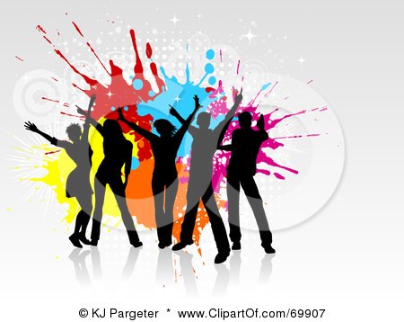 Royalty-Free (RF) Clipart Illustration of a Group Of Black Silhouetted Party Dancers Over Grunge Splatters On Gray by KJ Pargeter