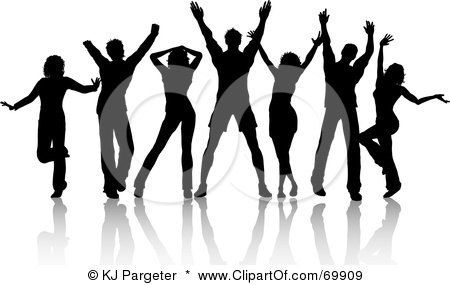 Royalty-Free (RF) Clipart Illustration of a Group Of Black Silhouetted Party Dancers by KJ Pargeter