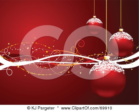 Royalty-Free (RF) Clipart Illustration of a Red Christmas Background With Suspended Ornaments With Snow And Waves by KJ Pargeter