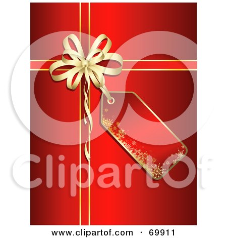 Royalty-Free (RF) Clipart Illustration of a Red Christmas Gift Background With A Blank Tag And Gold Bow by KJ Pargeter
