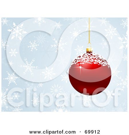 Royalty-Free (RF) Clipart Illustration of a Blue Snowflake Christmas Background With A Red Ornament And Snow by KJ Pargeter