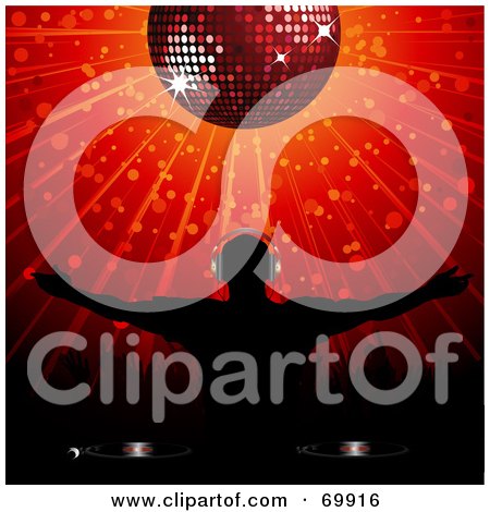 Royalty-Free (RF) Clipart Illustration of a Silhouetted Dj Holding His Arms Out Under A Shining Red Disco Ball by elaineitalia