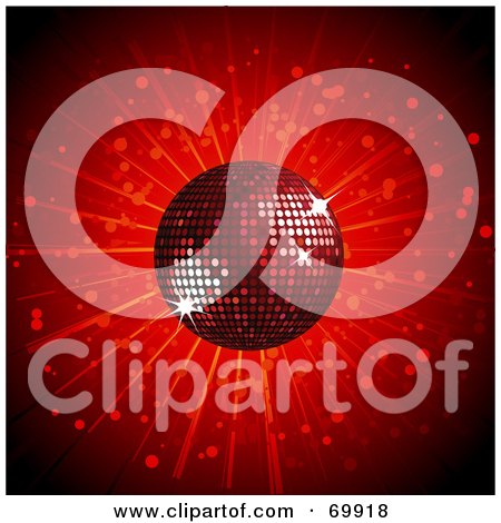 Royalty-Free (RF) Clipart Illustration of a Sparkly Red 3d Disco Ball Over A Bursting Red Background by elaineitalia