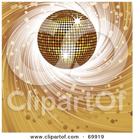 Royalty-Free (RF) Clipart Illustration of a Golden 3d Disco Ball On A Spiraling Brown Background by elaineitalia