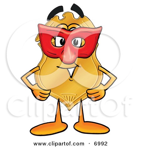 Clipart Picture of a Badge Mascot Cartoon Character Wearing a Red Mask Over His Face by Mascot Junction