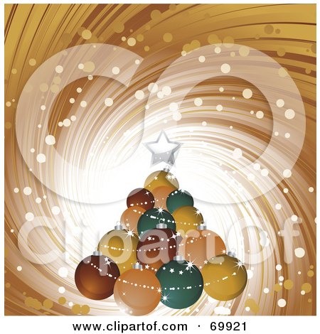 Royalty-Free (RF) Clipart Illustration of a Christmas Tree Made Of Green And Brown Baubles, Over A Brown Swirl Background by elaineitalia