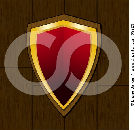 Royalty-Free (RF) Clipart Illustration of a Red And Gold Shield Over Wood by elaineitalia