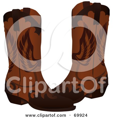 Royalty-Free (RF) Clipart Illustration of a Pair Of Brown Leather Cowboy Boots With Wing Designs by elaineitalia