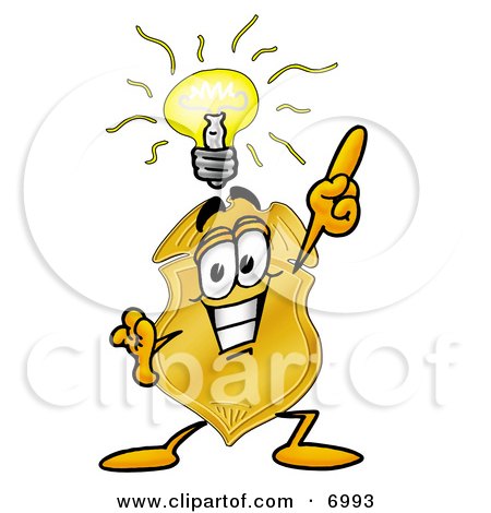 Clipart Picture of a Badge Mascot Cartoon Character With a Bright Idea by Mascot Junction