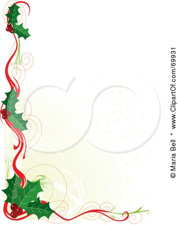 Royalty-Free (RF) Clipart Illustration of a White Background Bordered In Christmas Holly And Ribbons by Maria Bell