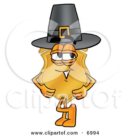 Clipart Picture of a Badge Mascot Cartoon Character Wearing a Pilgrim Hat on Thanksgiving by Mascot Junction