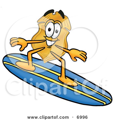 Clipart Picture of a Badge Mascot Cartoon Character Surfing on a Blue and Yellow Surfboard by Mascot Junction